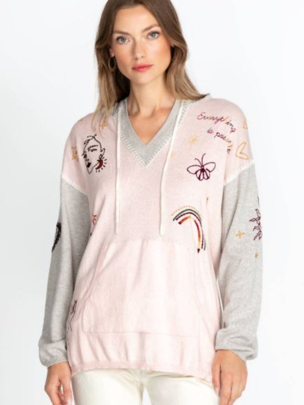 Johnny Was | Clara Baja Sweater Hoodie Pink & Gray Women's Sz XL